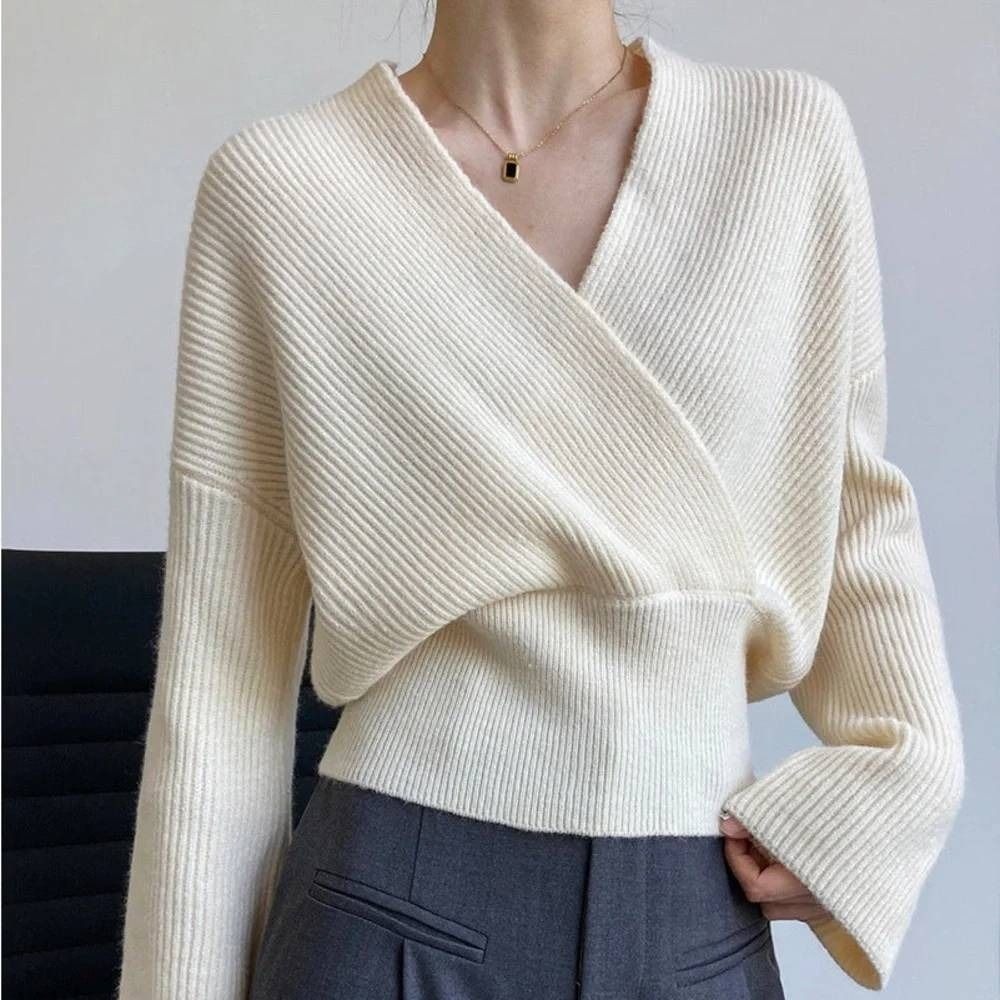 Commense Wrap Sweater Ivory Ribbed Knit Surplice Balletcore Coquette Large
